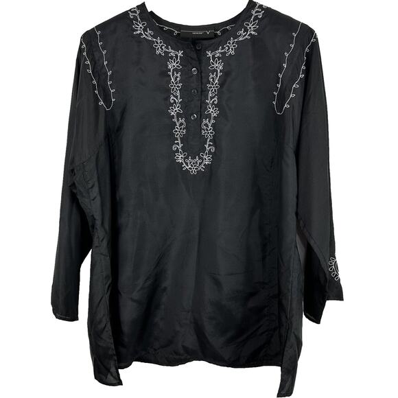 Venezia Black Tunic Top Embroidered Silk‎ Blend Womens Size 14/16 Boho Popover - Picture 1 of 7